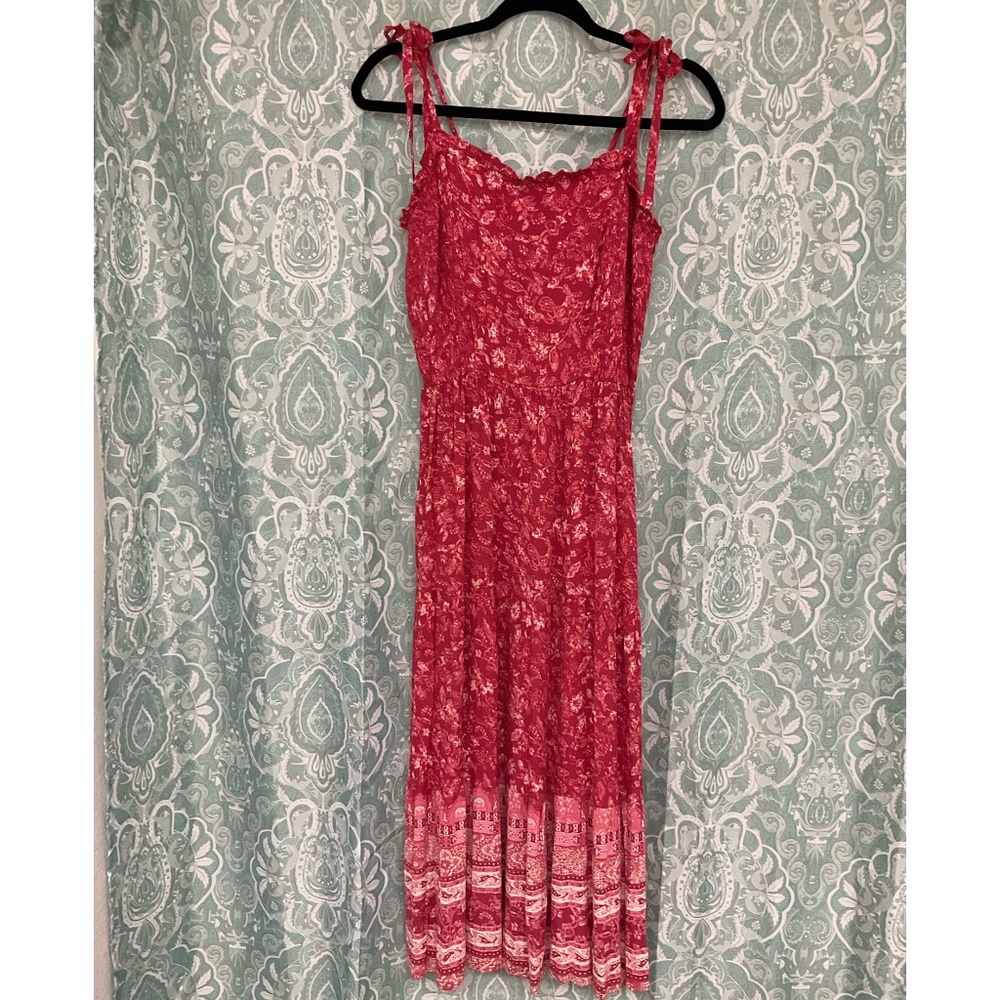 Knox Rose Women’s Tie-Strap Smocked Red Floral Dress Small